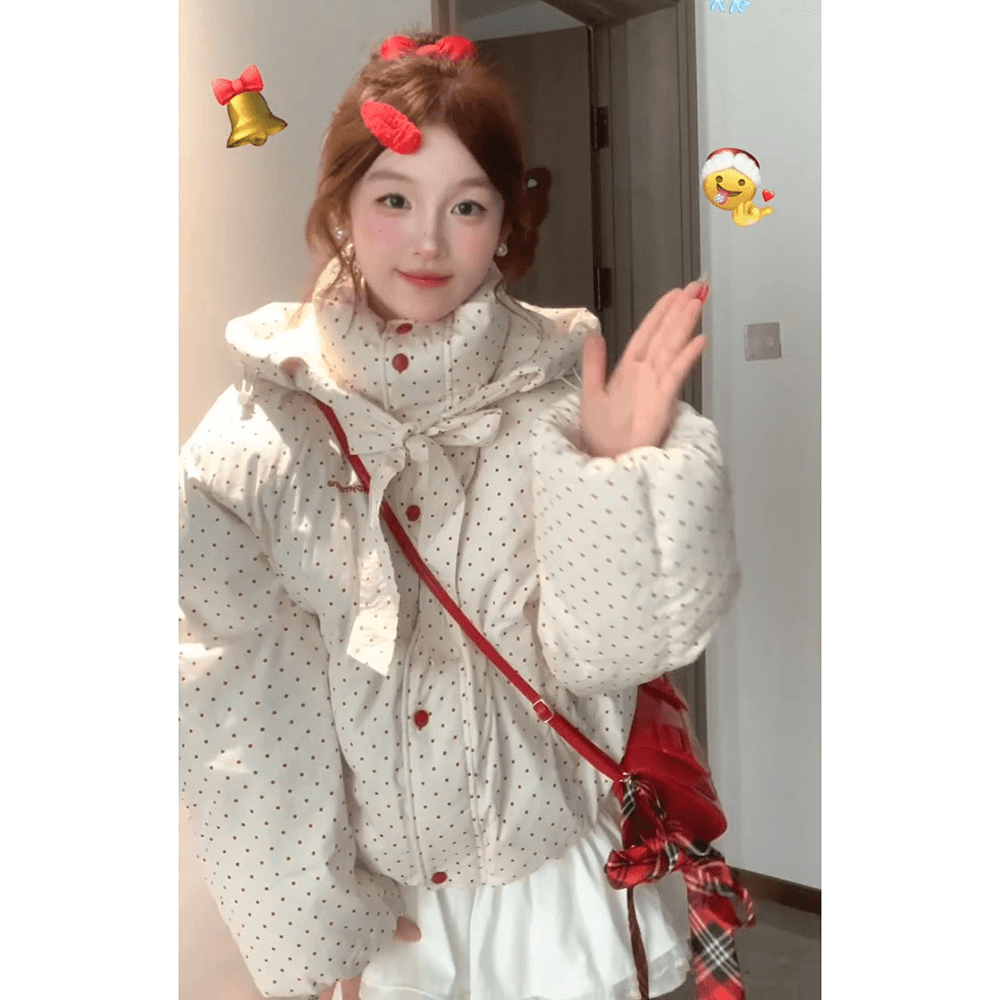 일본식 학원 스타일 색상 도트 무늬 후드 면 의류 여성 코트 겨울 새로운 두꺼운 보온 패딩 재킷 면 옷 이미지 2