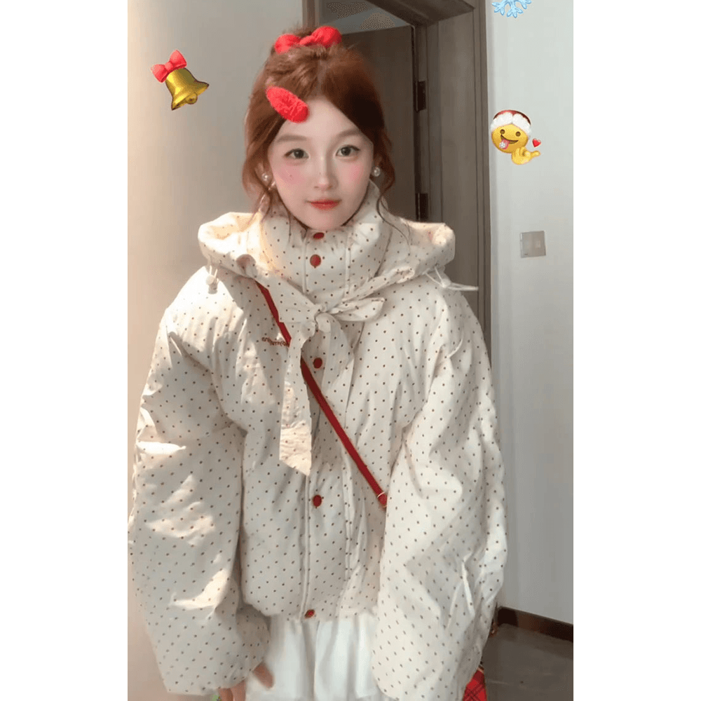 일본식 학원 스타일 색상 도트 무늬 후드 면 의류 여성 코트 겨울 새로운 두꺼운 보온 패딩 재킷 면 옷 상세 이미지 3