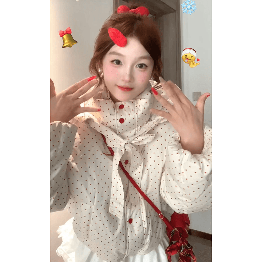 일본식 학원 스타일 색상 도트 무늬 후드 면 의류 여성 코트 겨울 새로운 두꺼운 보온 패딩 재킷 면 옷 상세 이미지 5