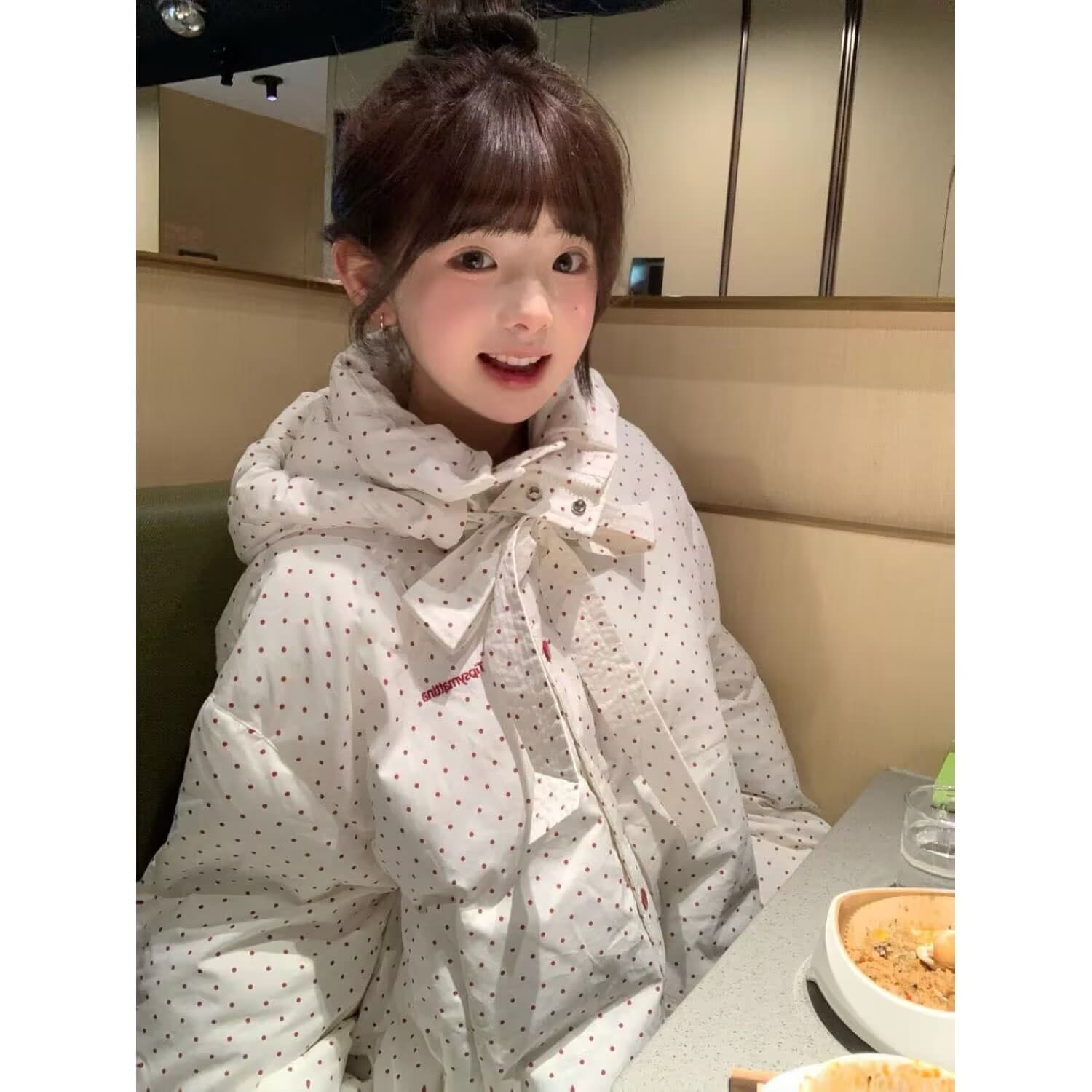 일본식 학원 스타일 색상 도트 무늬 후드 면 의류 여성 코트 겨울 새로운 두꺼운 보온 패딩 재킷 면 옷
