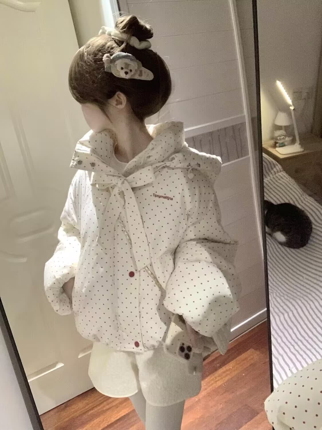 일본식 학원 스타일 색상 도트 무늬 후드 면 의류 여성 코트 겨울 새로운 두꺼운 보온 패딩 재킷 면 옷 상세 이미지 7
