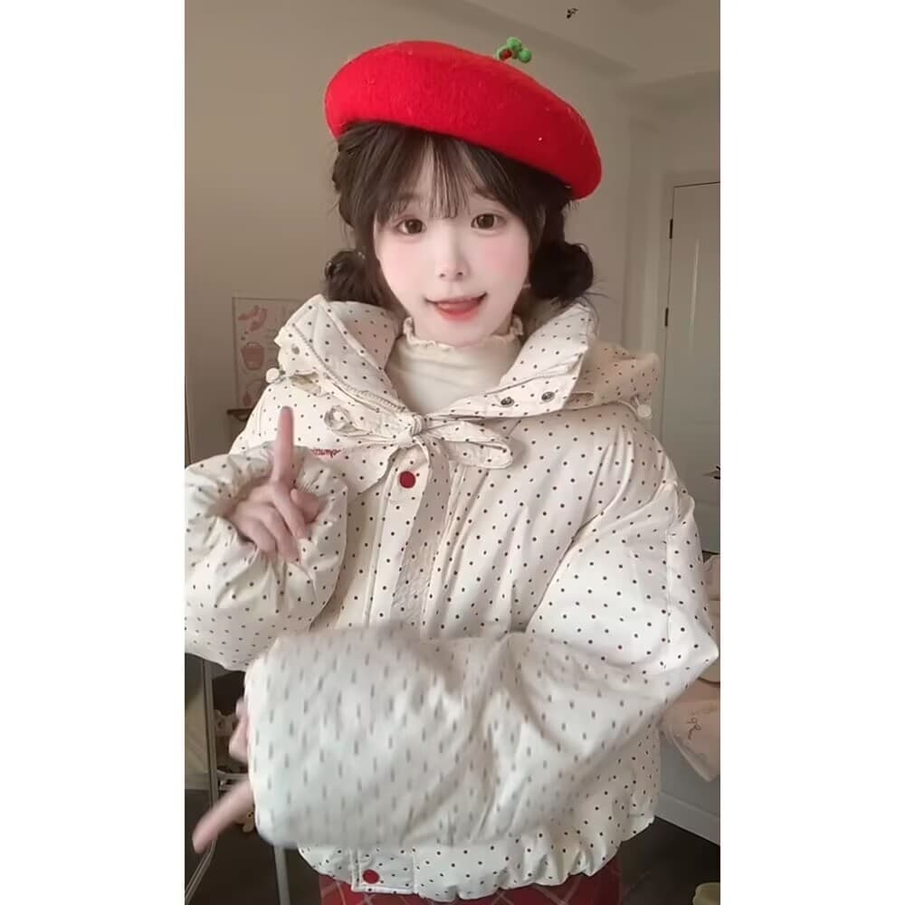 일본식 학원 스타일 색상 도트 무늬 후드 면 의류 여성 코트 겨울 새로운 두꺼운 보온 패딩 재킷 면 옷 상세 이미지 11