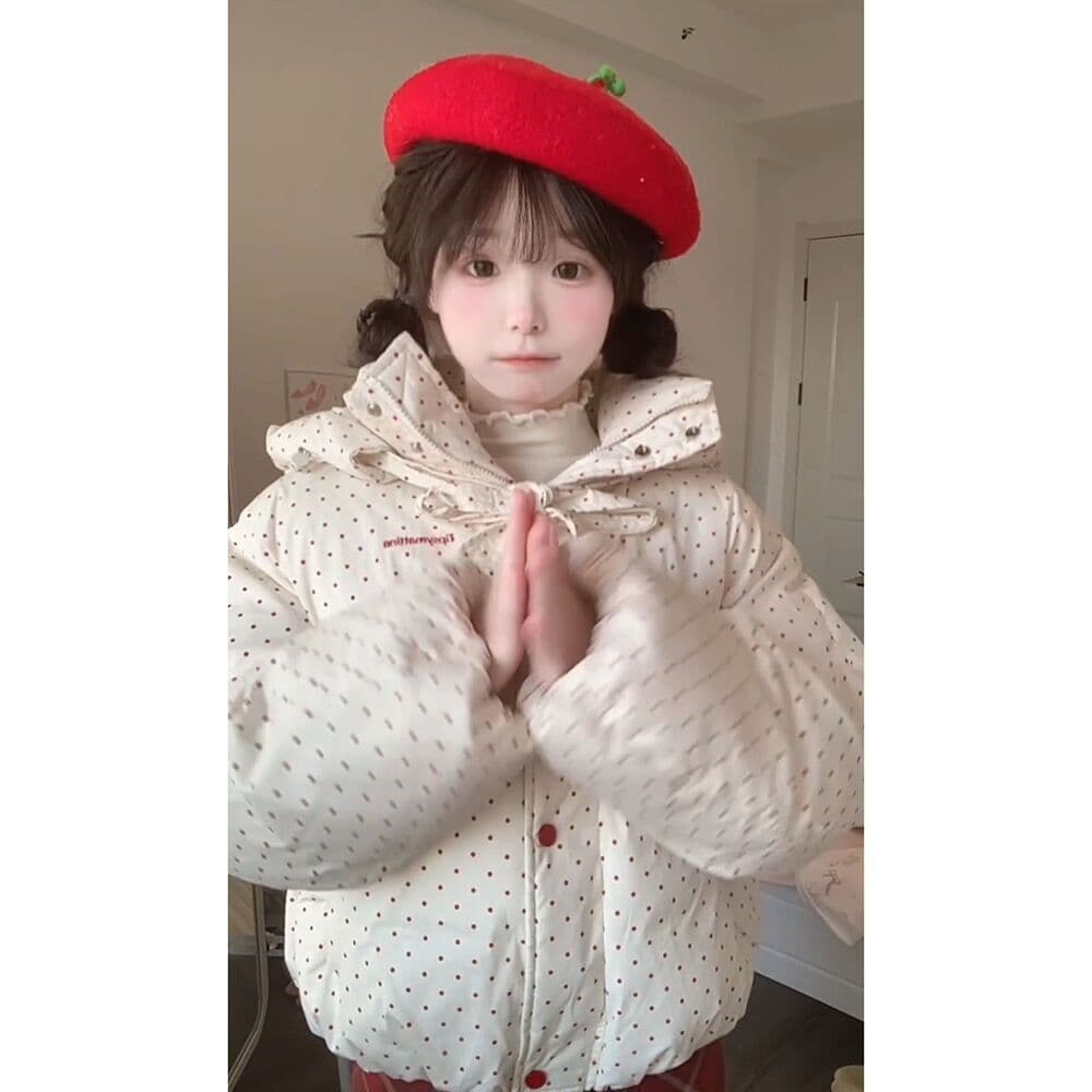일본식 학원 스타일 색상 도트 무늬 후드 면 의류 여성 코트 겨울 새로운 두꺼운 보온 패딩 재킷 면 옷 상세 이미지 25
