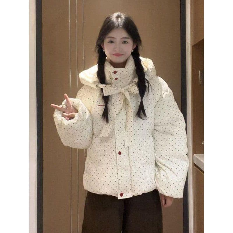 달콤함 학원 스타일 귀여운 스탠드 칼라 도트 무늬 면 옷 여성 코트 2026 겨울 새로운 두꺼운 방한과 난방 면 의류 이미지 3
