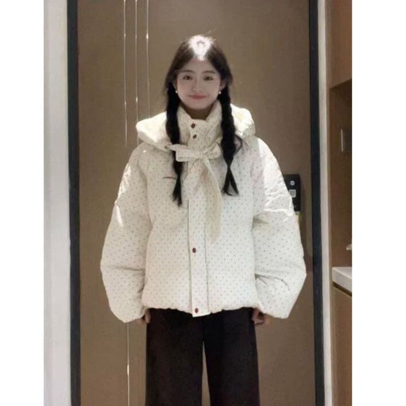 달콤함 학원 스타일 귀여운 스탠드 칼라 도트 무늬 면 옷 여성 코트 2026 겨울 새로운 두꺼운 방한과 난방 면 의류 이미지 5