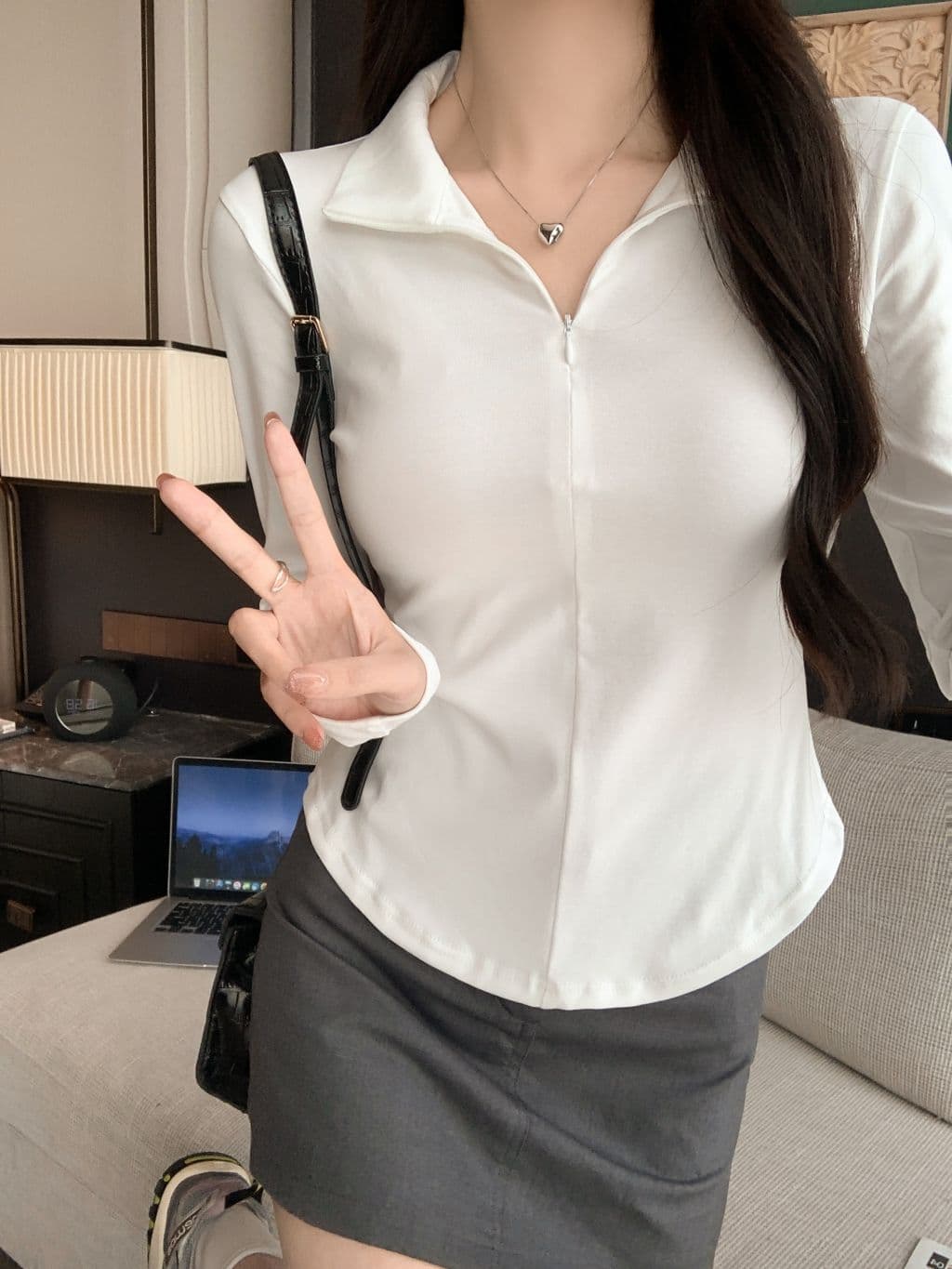 1 1 리브 De 플러시 260g 가을 겨울 의류 반하이넥 긴팔 티셔츠 여성 하프 지퍼 상세 이미지 11