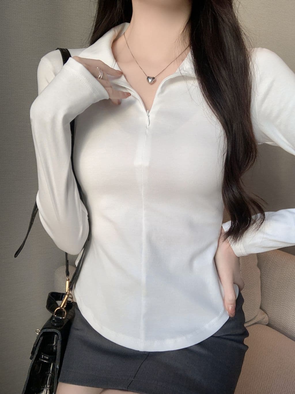 1 1 리브 De 플러시 260g 가을 겨울 의류 반하이넥 긴팔 티셔츠 여성 하프 지퍼 상세 이미지 15