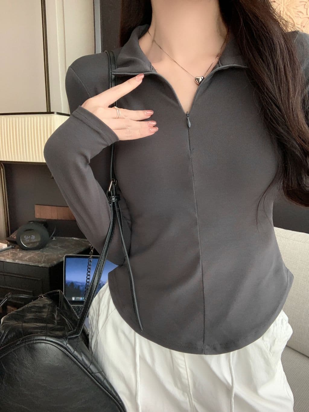 1 1 리브 De 플러시 260g 가을 겨울 의류 반하이넥 긴팔 티셔츠 여성 하프 지퍼 상세 이미지 24
