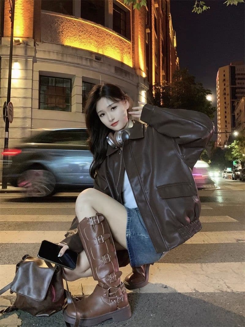 빅 사이즈 검정색 pu 가죽 재킷 새로운 2026 폭발 여성 봄 가을 오토바이 서비스 아메리칸 재킷 작은 대중 가죽 자켓 맨위 상세 이미지 14