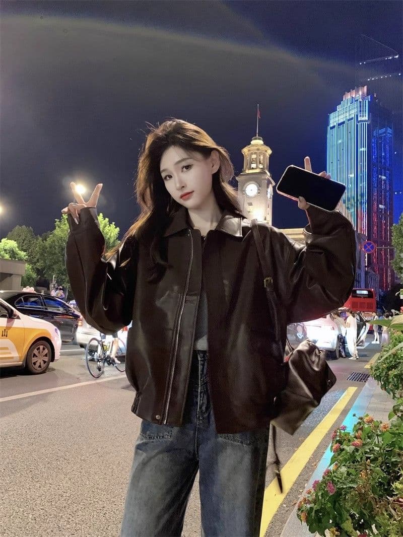 빅 사이즈 검정색 pu 가죽 재킷 새로운 2026 폭발 여성 봄 가을 오토바이 서비스 아메리칸 재킷 작은 대중 가죽 자켓 맨위 상세 이미지 16