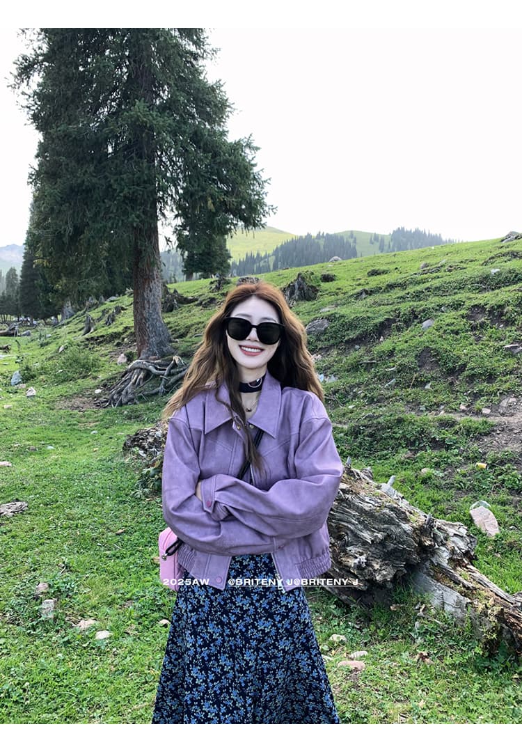 자이언트 잘 생긴 추안 웨스트 신강 운남 초원 여행 도파민 보라색 가죽 재킷 여성 코트 이른 가을 분위기 센스 착용 가져 가라. 상세 이미지 14