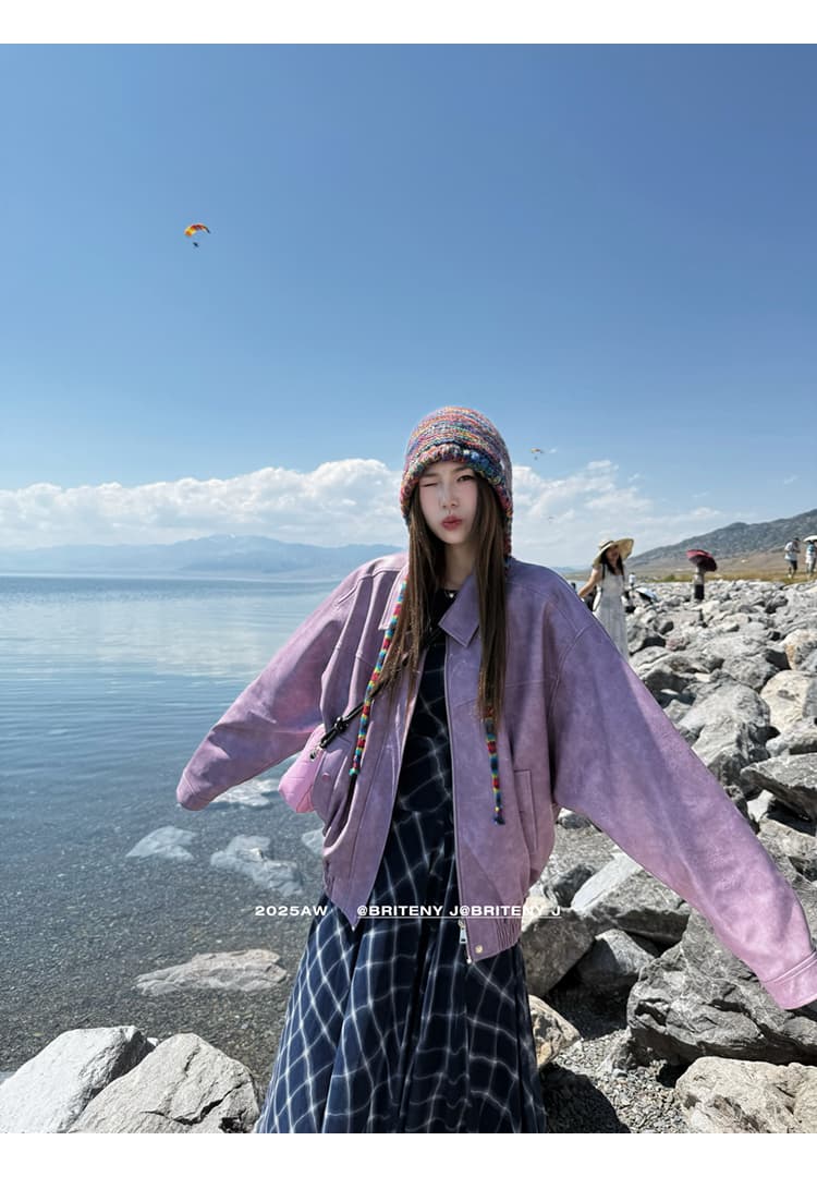 자이언트 잘 생긴 추안 웨스트 신강 운남 초원 여행 도파민 보라색 가죽 재킷 여성 코트 이른 가을 분위기 센스 착용 가져 가라. 상세 이미지 17