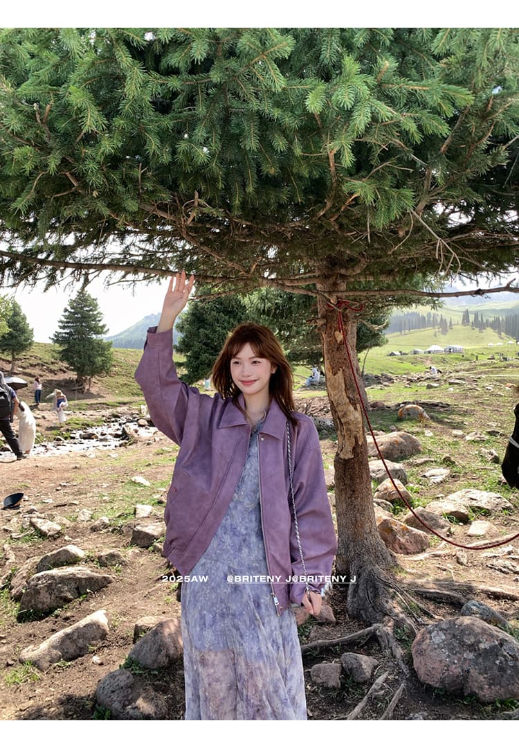자이언트 잘 생긴 추안 웨스트 신강 운남 초원 여행 도파민 보라색 가죽 재킷 여성 코트 이른 가을 분위기 센스 착용 가져 가라. 상세 이미지 24