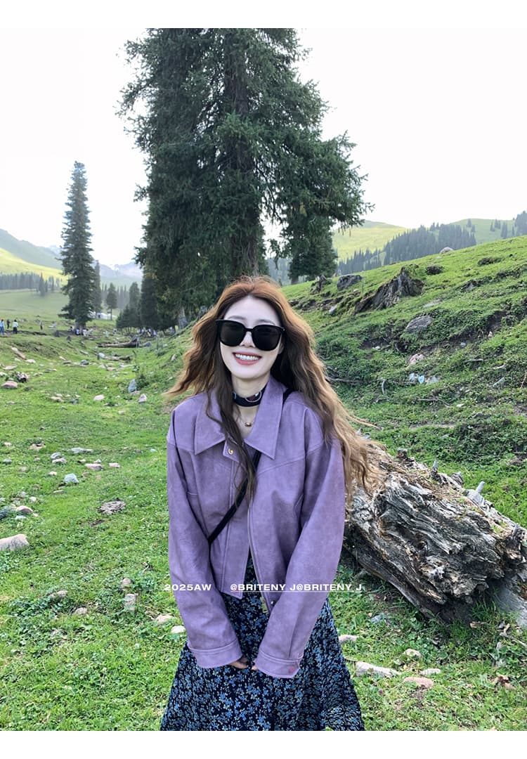 자이언트 잘 생긴 추안 웨스트 신강 운남 초원 여행 도파민 보라색 가죽 재킷 여성 코트 이른 가을 분위기 센스 착용 가져 가라. 상세 이미지 26