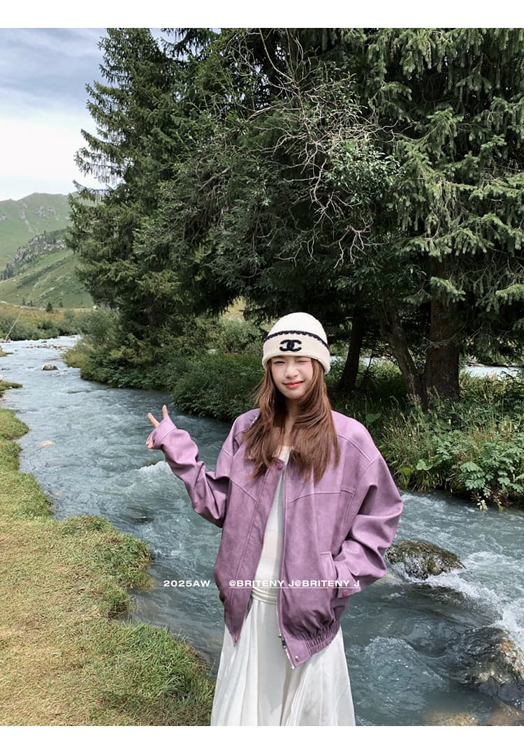 자이언트 잘 생긴 추안 웨스트 신강 운남 초원 여행 도파민 보라색 가죽 재킷 여성 코트 이른 가을 분위기 센스 착용 가져 가라. 상세 이미지 42