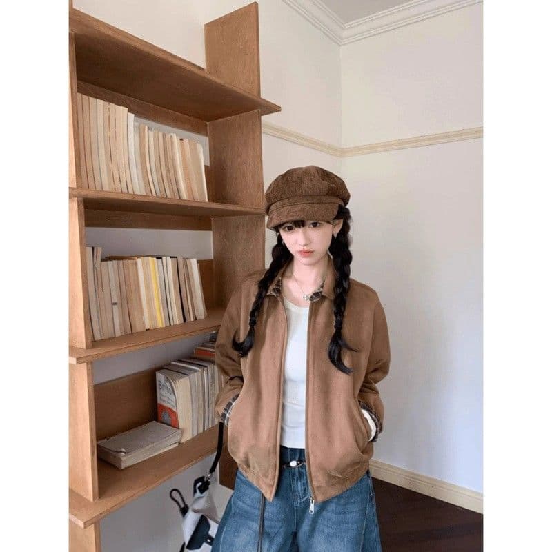 2026 레트로 스웨이드 원단 재킷 여성 가을 겨울철 아메리칸 루즈핏 폴로 칼라 캐주얼 다용도 재킷 고급 센스 맨위 이미지 3
