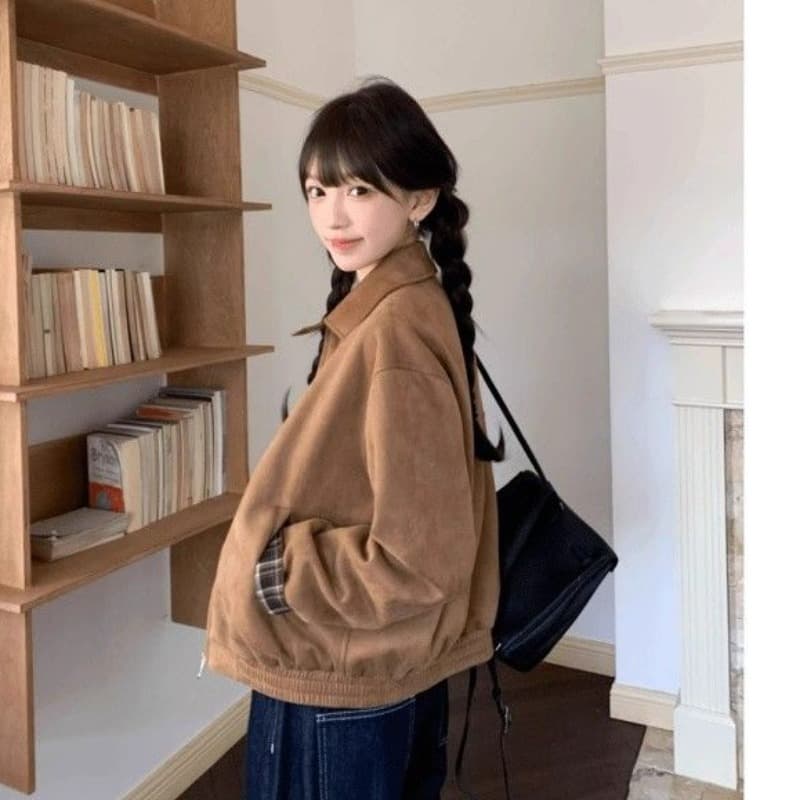 2026 레트로 스웨이드 원단 재킷 여성 가을 겨울철 아메리칸 루즈핏 폴로 칼라 캐주얼 다용도 재킷 고급 센스 맨위 이미지 2