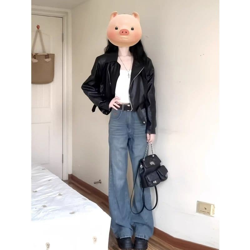 검정색 가죽 재킷 재킷 여성 짧은 작은 키 2026 가을 겨울철 레트로 오토바이 서비스 항구 바람 품격 pu 가죽 자켓 상세 이미지 17