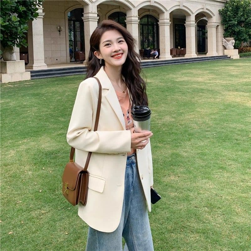 2026 새로운 살구 색상 정장 여성 코트 작은 키 봄 디자인 센스 고급 한국 스타일 루즈핏 캐주얼 정장 맨위 이미지 2