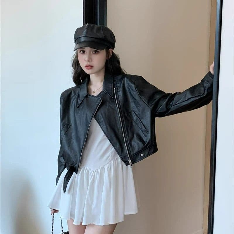 검정색 가죽 재킷 재킷 여성 짧은 작은 키 2026 가을 겨울철 레트로 오토바이 서비스 항구 바람 품격 pu 가죽 자켓 이미지 3