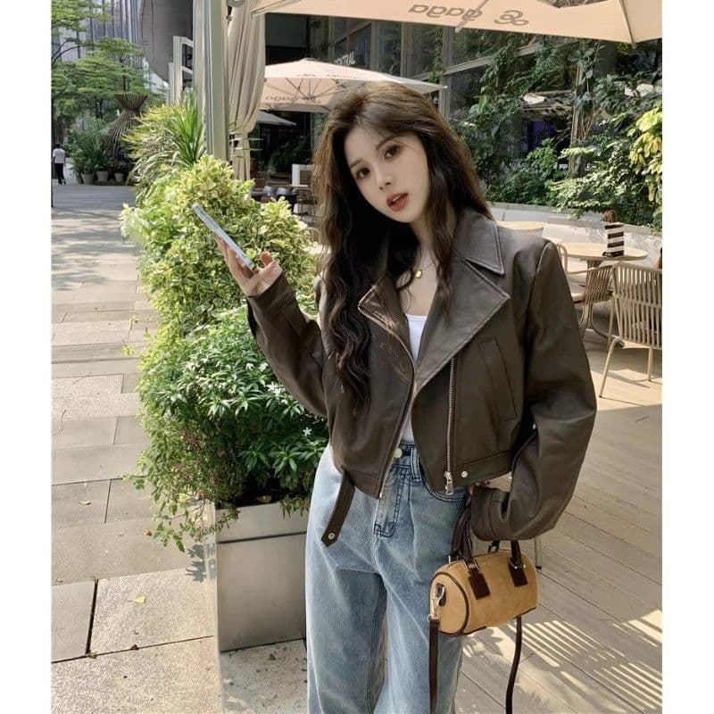 검정색 가죽 재킷 재킷 여성 짧은 작은 키 2026 가을 겨울철 레트로 오토바이 서비스 항구 바람 품격 pu 가죽 자켓 이미지 2