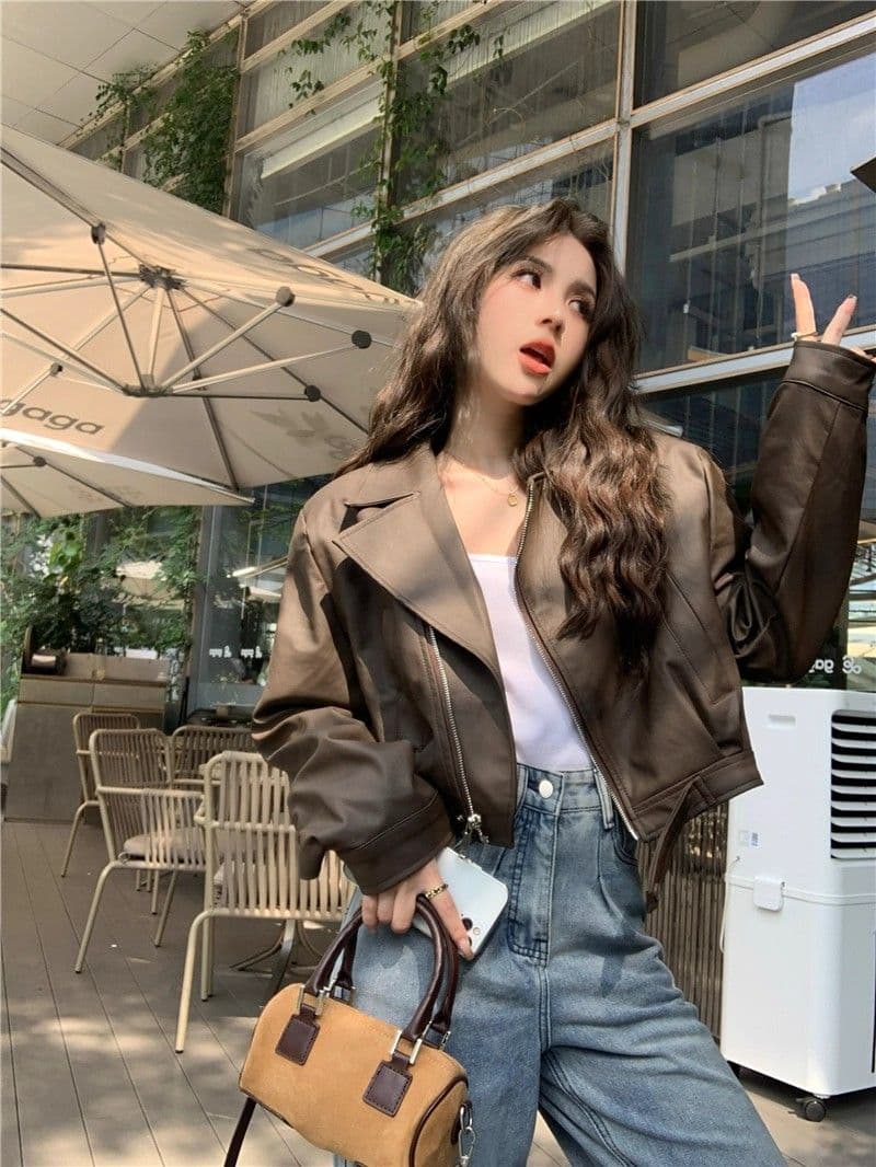 검정색 가죽 재킷 재킷 여성 짧은 작은 키 2026 가을 겨울철 레트로 오토바이 서비스 항구 바람 품격 pu 가죽 자켓 상세 이미지 3