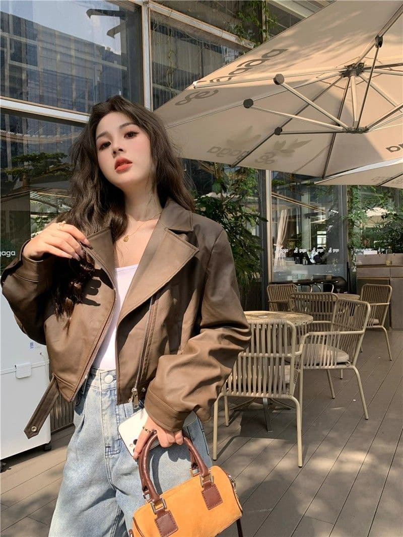 검정색 가죽 재킷 재킷 여성 짧은 작은 키 2026 가을 겨울철 레트로 오토바이 서비스 항구 바람 품격 pu 가죽 자켓 상세 이미지 5