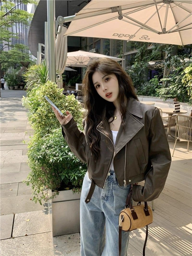 검정색 가죽 재킷 재킷 여성 짧은 작은 키 2026 가을 겨울철 레트로 오토바이 서비스 항구 바람 품격 pu 가죽 자켓 상세 이미지 7