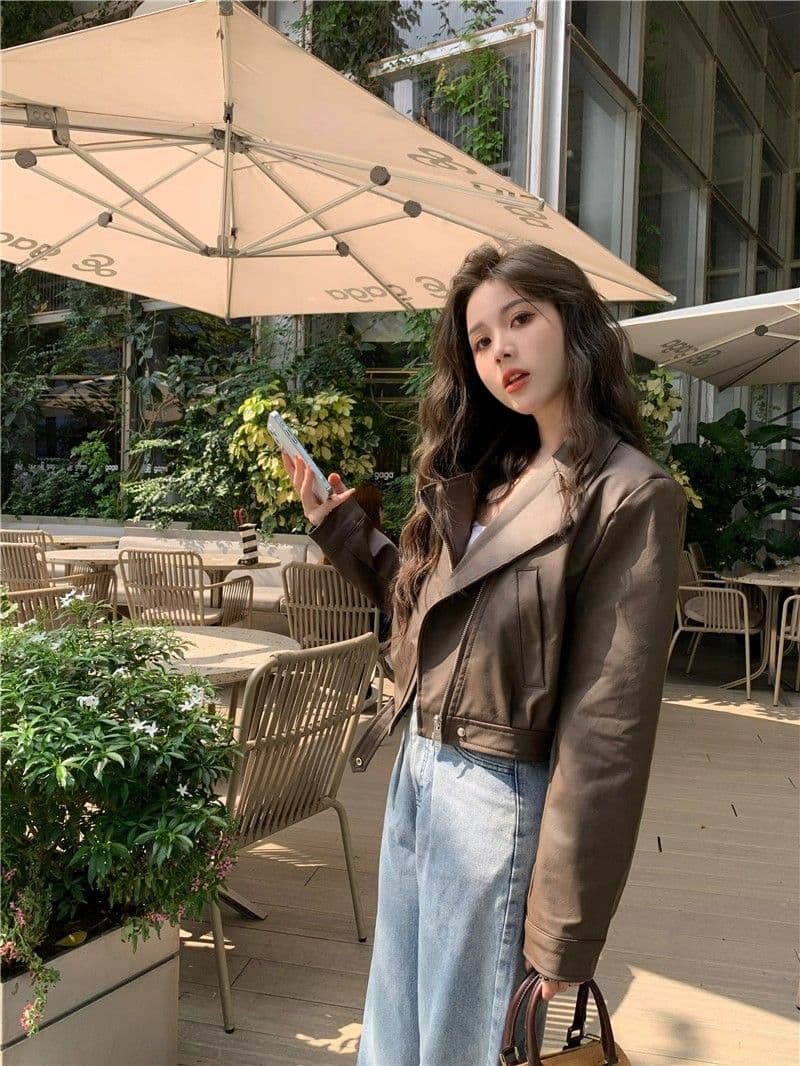 검정색 가죽 재킷 재킷 여성 짧은 작은 키 2026 가을 겨울철 레트로 오토바이 서비스 항구 바람 품격 pu 가죽 자켓 상세 이미지 8