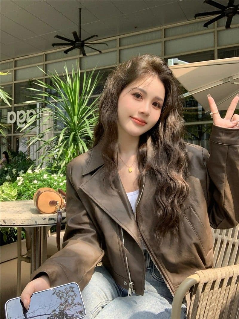 검정색 가죽 재킷 재킷 여성 짧은 작은 키 2026 가을 겨울철 레트로 오토바이 서비스 항구 바람 품격 pu 가죽 자켓 상세 이미지 9