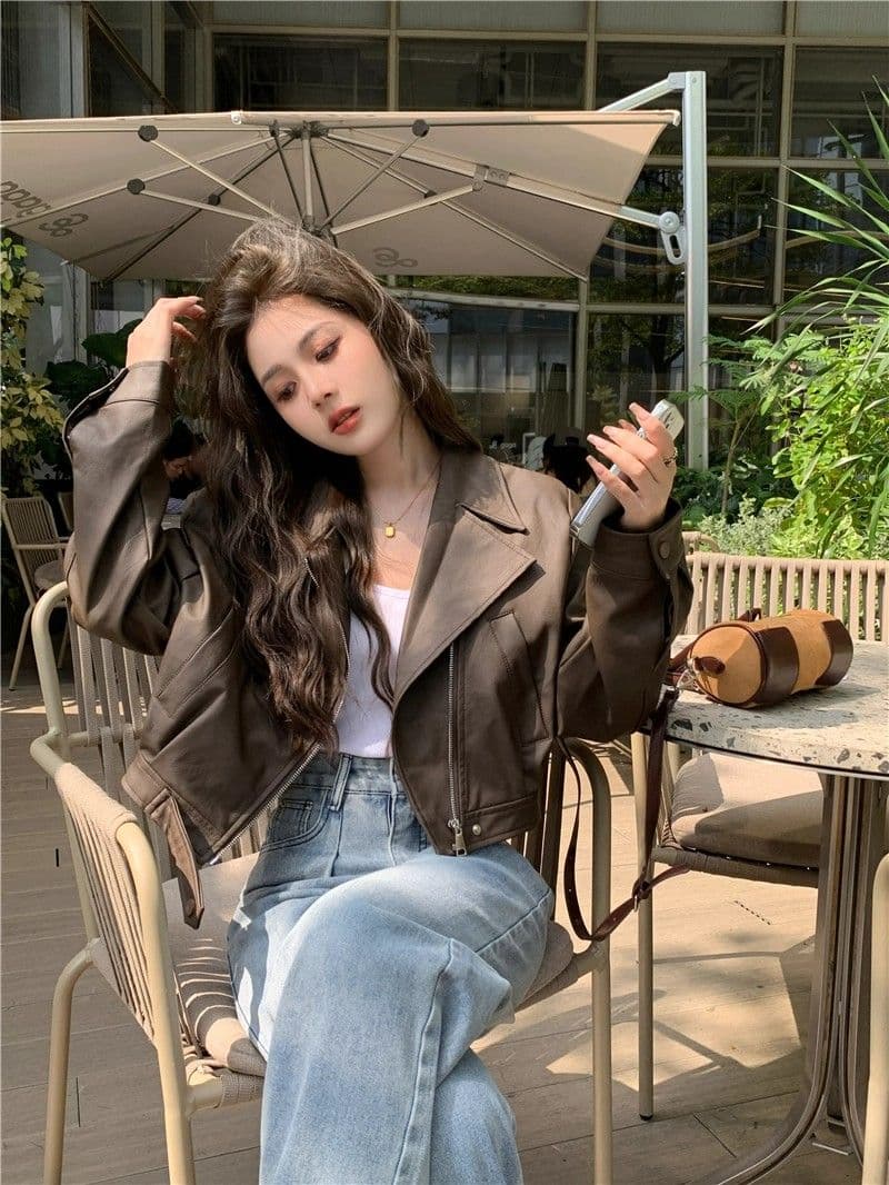 검정색 가죽 재킷 재킷 여성 짧은 작은 키 2026 가을 겨울철 레트로 오토바이 서비스 항구 바람 품격 pu 가죽 자켓 상세 이미지 10