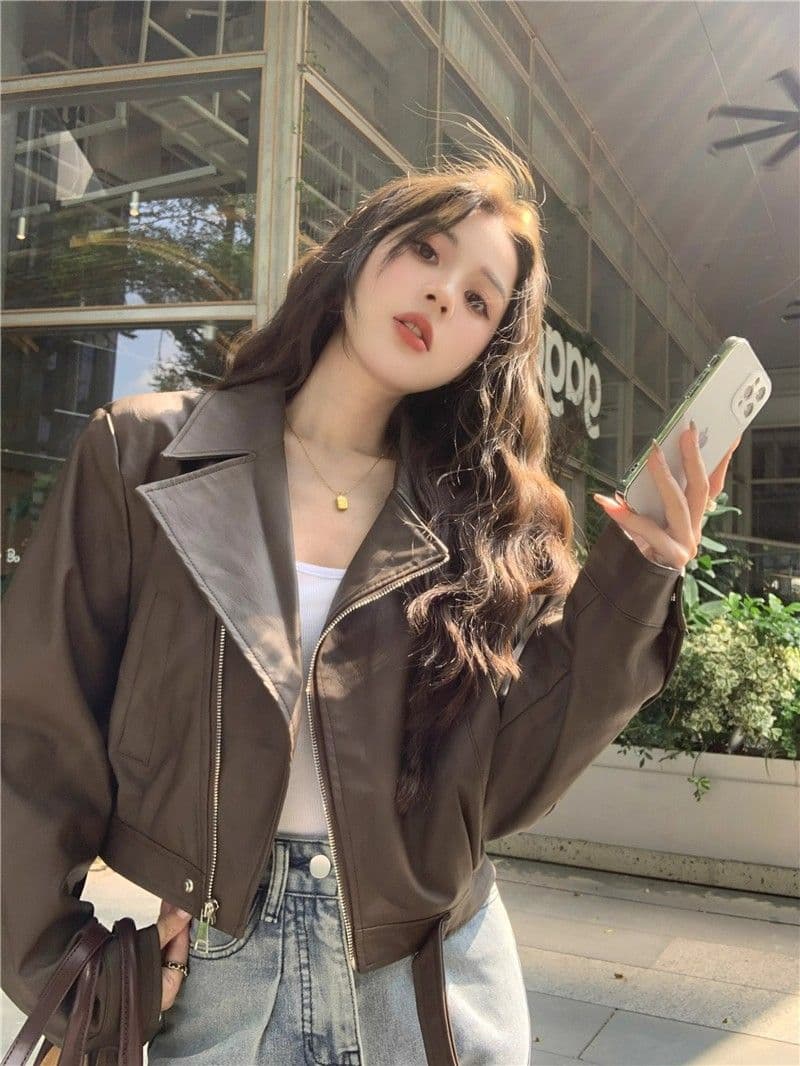 검정색 가죽 재킷 재킷 여성 짧은 작은 키 2026 가을 겨울철 레트로 오토바이 서비스 항구 바람 품격 pu 가죽 자켓 상세 이미지 16