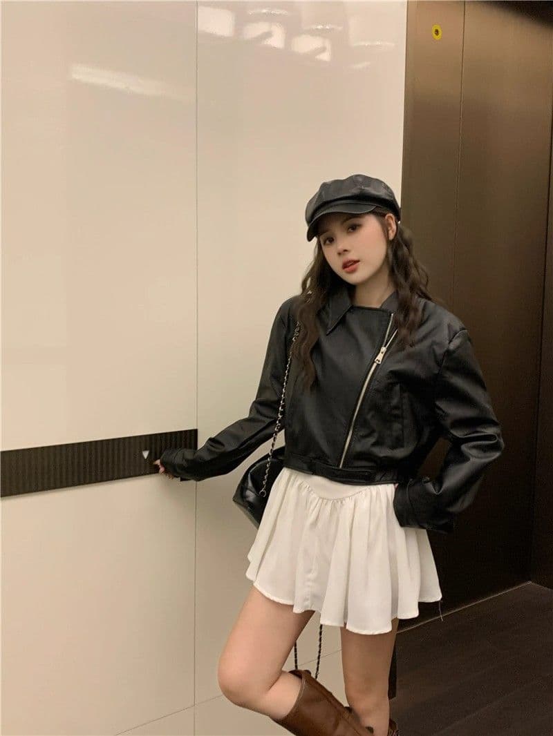 검정색 가죽 재킷 재킷 여성 짧은 작은 키 2026 가을 겨울철 레트로 오토바이 서비스 항구 바람 품격 pu 가죽 자켓 상세 이미지 17