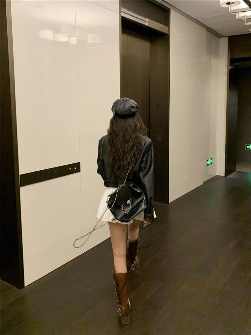 검정색 가죽 재킷 재킷 여성 짧은 작은 키 2026 가을 겨울철 레트로 오토바이 서비스 항구 바람 품격 pu 가죽 자켓 상세 이미지 18