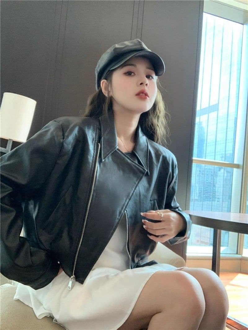 검정색 가죽 재킷 재킷 여성 짧은 작은 키 2026 가을 겨울철 레트로 오토바이 서비스 항구 바람 품격 pu 가죽 자켓 상세 이미지 20
