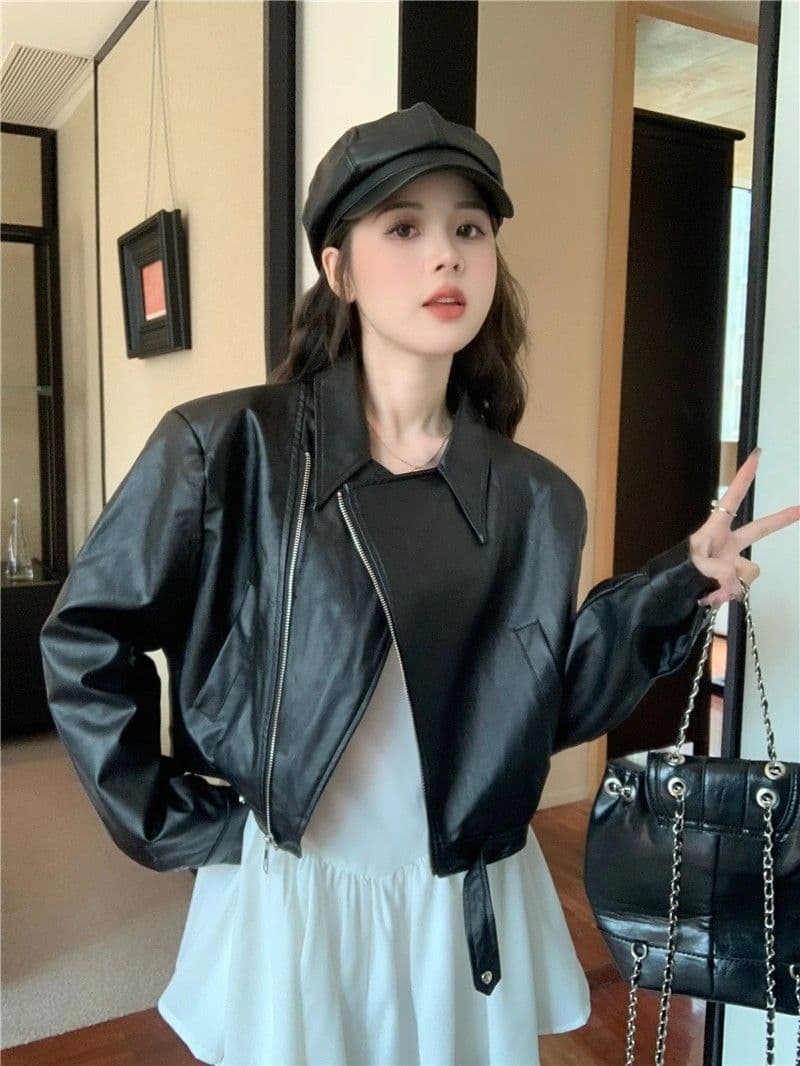 검정색 가죽 재킷 재킷 여성 짧은 작은 키 2026 가을 겨울철 레트로 오토바이 서비스 항구 바람 품격 pu 가죽 자켓 상세 이미지 27