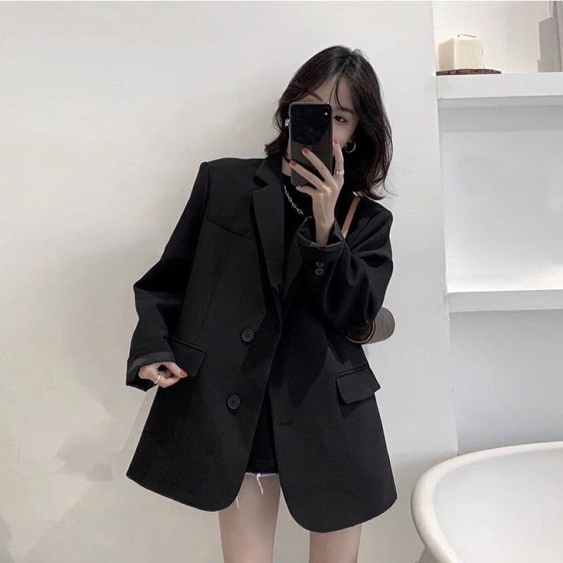 그는 벤 바람 캐주얼 고급 센스 검정색 정장 여성 코트 가을 새로운 한국 스타일 루즈핏 작은 키 정장 맨위