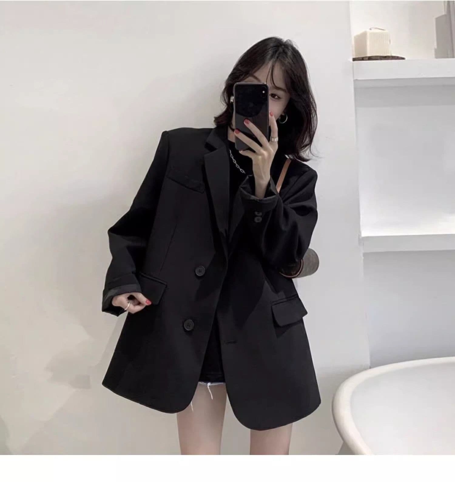 그는 벤 바람 캐주얼 고급 센스 검정색 정장 여성 코트 가을 새로운 한국 스타일 루즈핏 작은 키 정장 맨위 상세 이미지 16