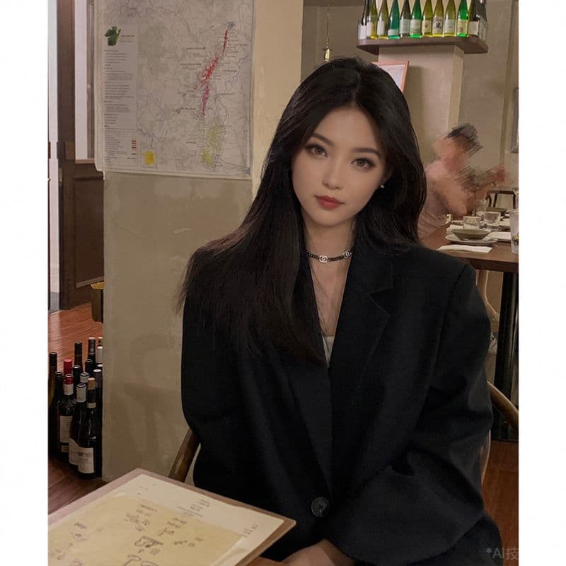 그는 벤 바람 캐주얼 고급 센스 검정색 정장 여성 코트 가을 새로운 한국 스타일 루즈핏 작은 키 정장 맨위 이미지 2