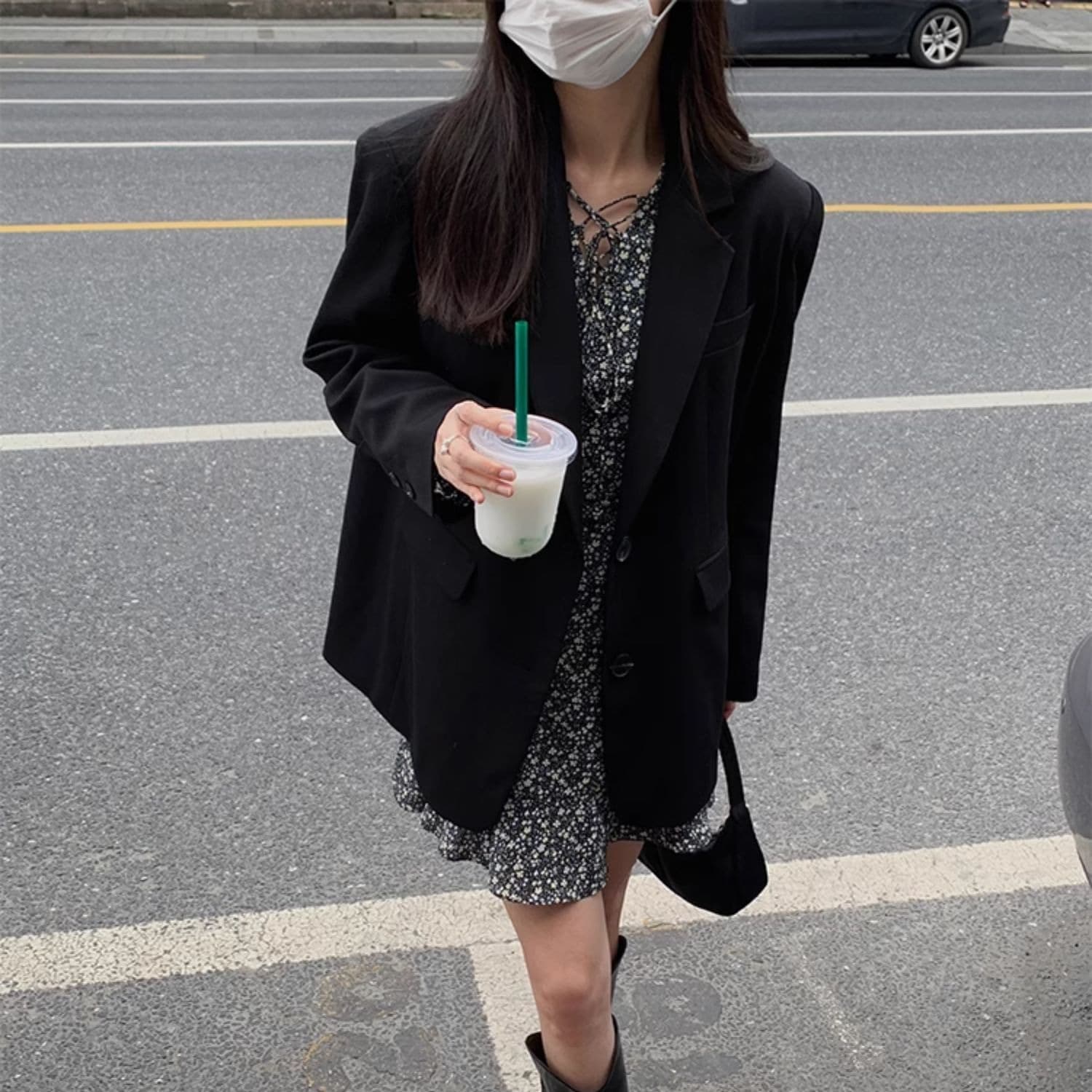 그는 벤 바람 캐주얼 고급 센스 검정색 정장 여성 코트 가을 새로운 한국 스타일 루즈핏 작은 키 정장 맨위