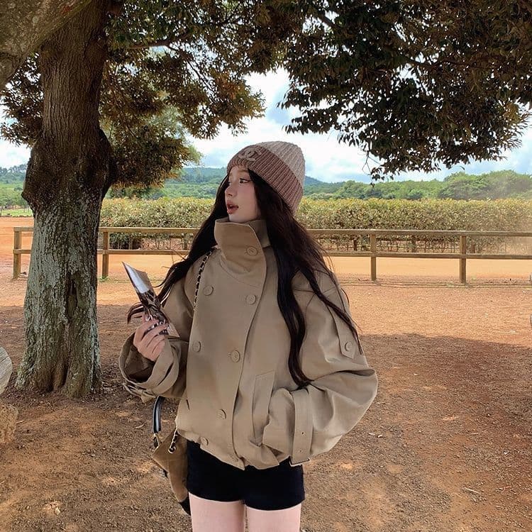 한 부서 새로운 영국식 바람 품격 스탠드 칼라 바람막이 여성 코트 가을 이중 버튼 카키 색 루즈핏 다용도 맨위 이미지 5