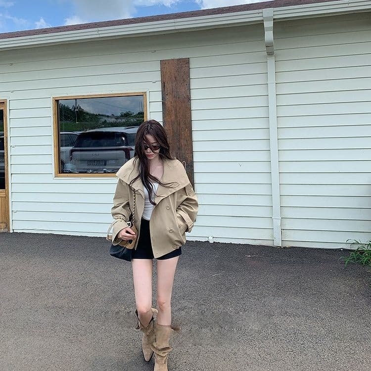 한 부서 새로운 영국식 바람 품격 스탠드 칼라 바람막이 여성 코트 가을 이중 버튼 카키 색 루즈핏 다용도 맨위 상세 이미지 1