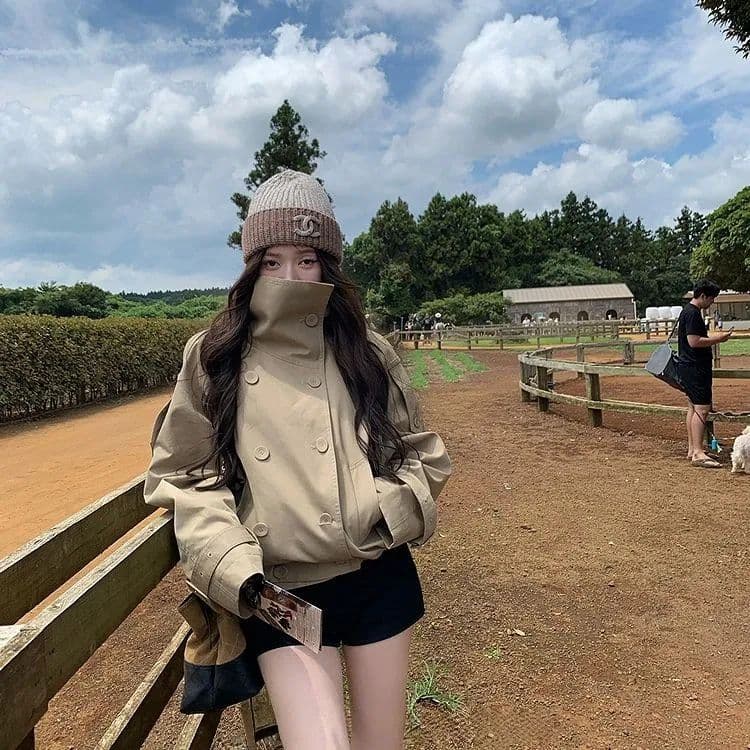 한 부서 새로운 영국식 바람 품격 스탠드 칼라 바람막이 여성 코트 가을 이중 버튼 카키 색 루즈핏 다용도 맨위 상세 이미지 2
