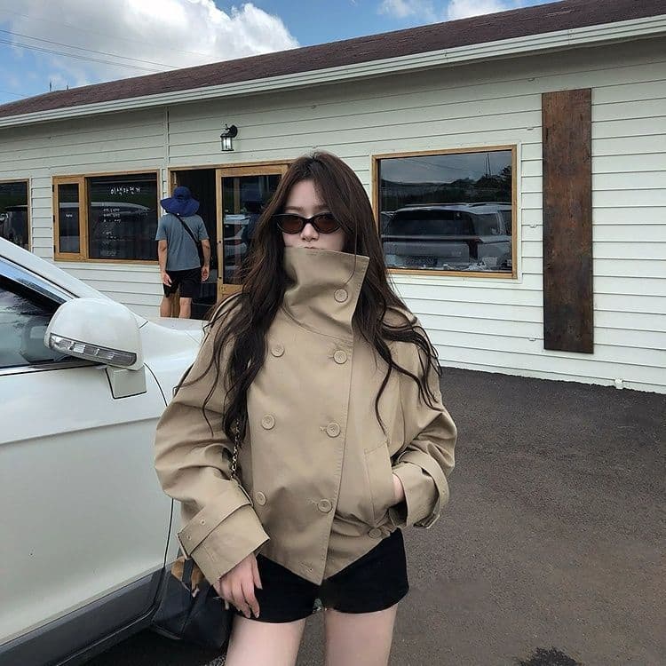 한 부서 새로운 영국식 바람 품격 스탠드 칼라 바람막이 여성 코트 가을 이중 버튼 카키 색 루즈핏 다용도 맨위 상세 이미지 3