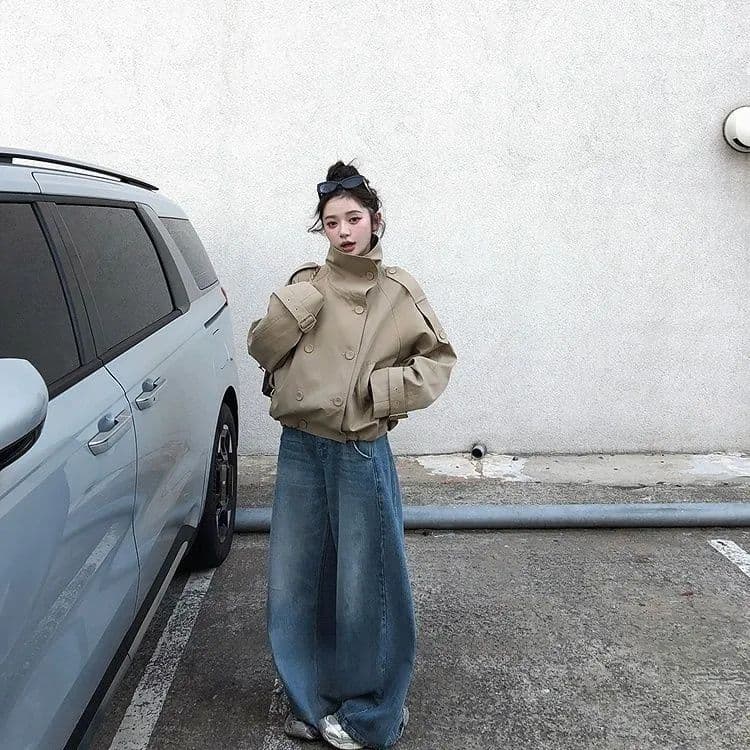 한 부서 새로운 영국식 바람 품격 스탠드 칼라 바람막이 여성 코트 가을 이중 버튼 카키 색 루즈핏 다용도 맨위 상세 이미지 10