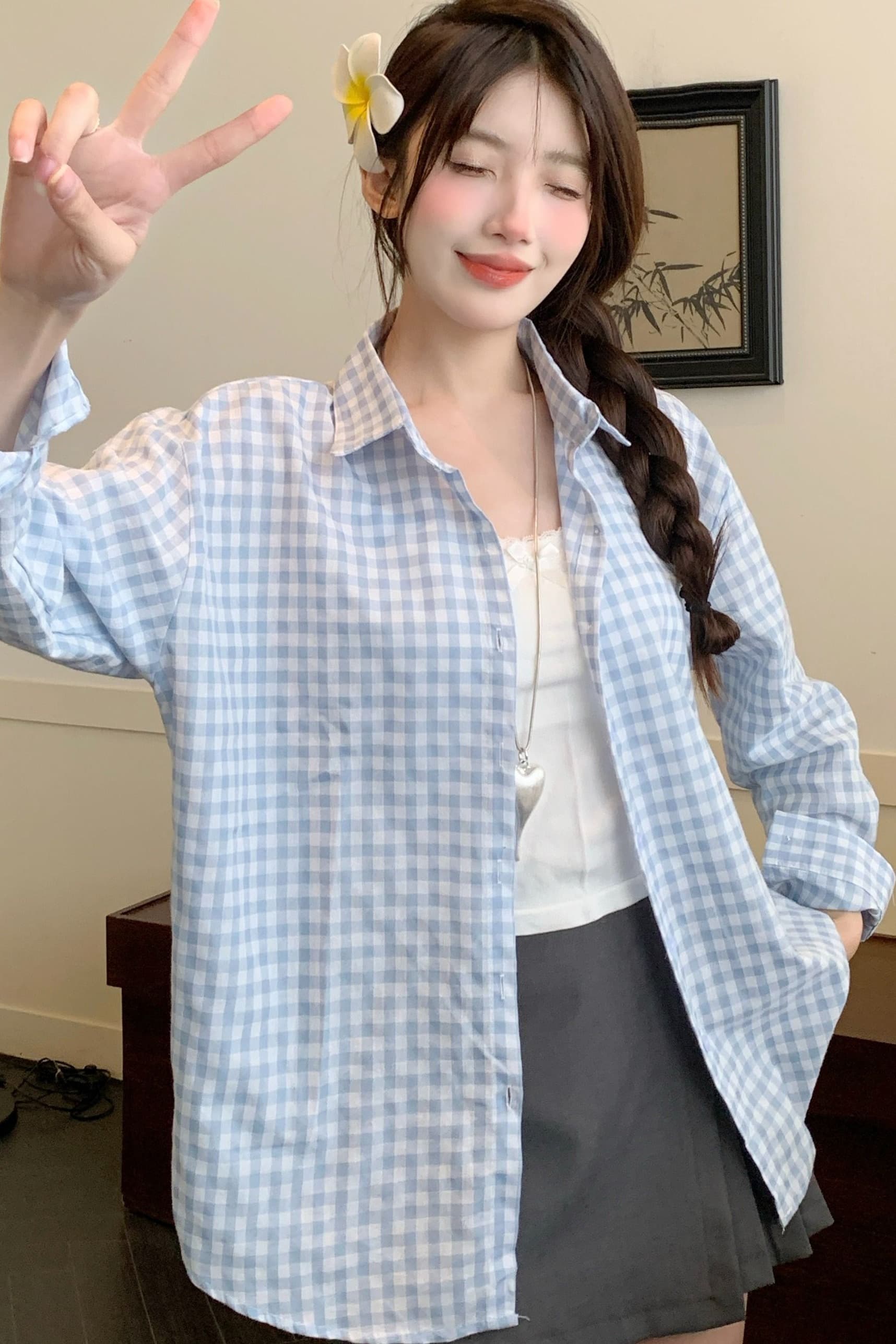 실사 외국 가스 다용도 개성 프랑스식 ootd 파란색 체크무늬 여성 셔츠 2026 봄 가을 다용도 작은 대중 맨위 이미지 7