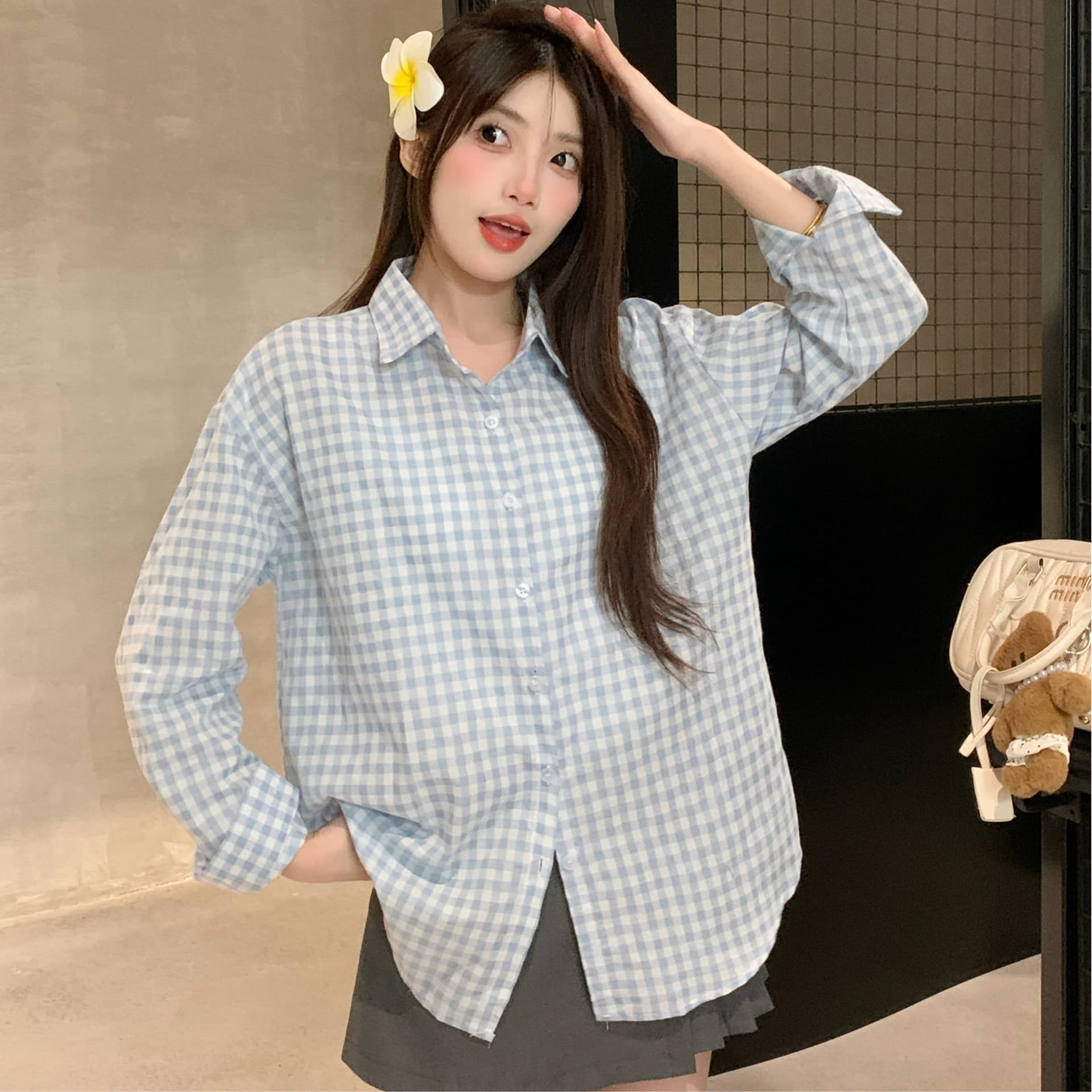 실사 외국 가스 다용도 개성 프랑스식 ootd 파란색 체크무늬 여성 셔츠 2026 봄 가을 다용도 작은 대중 맨위 이미지 6