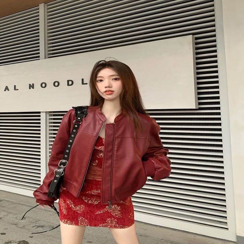 아메리칸 앤 코라 빨간색 가죽 재킷 여성 코트 고급 센스 2025 한국 스타일 새로운 작은 키 쇼트 스타일 재킷 재킷 이미지 4