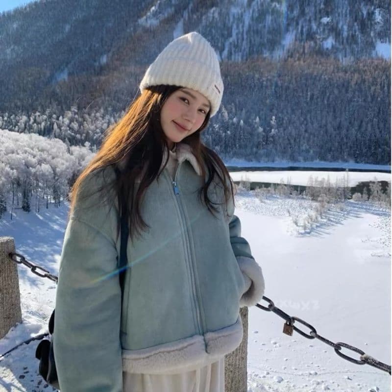 550 그램 사슴 캐시미어 복합 양 타조 울 폴로 칼라 여성 코트 겨울 두꺼운 피모 하나 보온 재킷 여성 상세 이미지 5