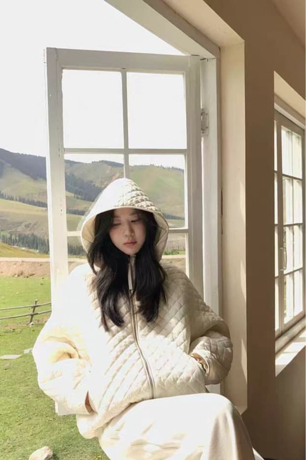 장 베이 베이 얇고 가벼운 버블 푸 링 그리드 후드 면 의류 루즈핏 슬림해 보이는 보온 한 부서 ins 바람 학생 면 옷 재킷 이미지 7